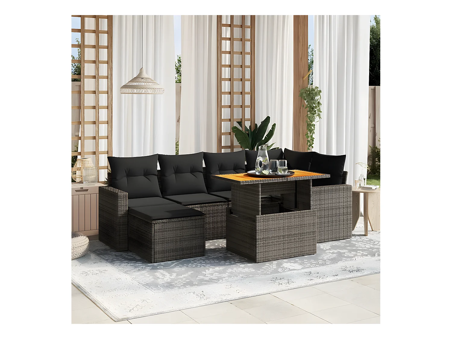 7 peças conjunto sofás p/ jardim c/ almofadões vime PE cinzento