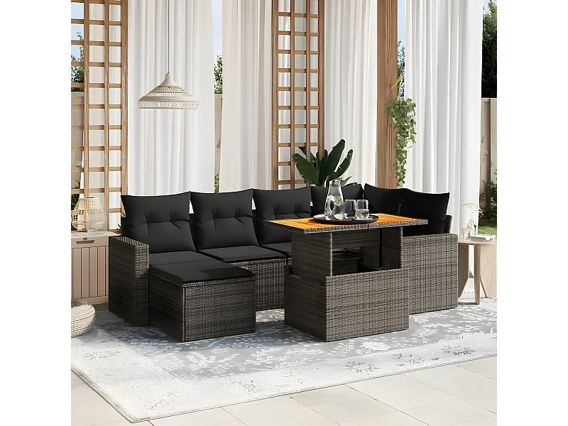 7 peças conjunto sofás p/ jardim c/ almofadões vime PE cinzento