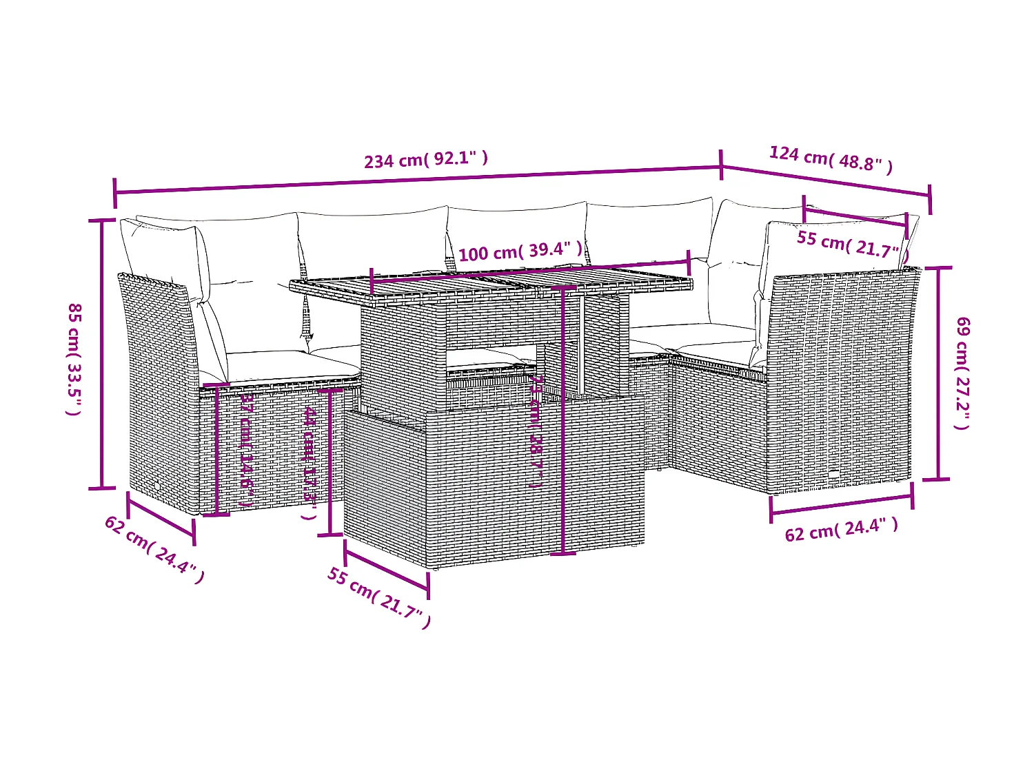 Salon de jardin 5 pièces avec coussins gris résine tressée