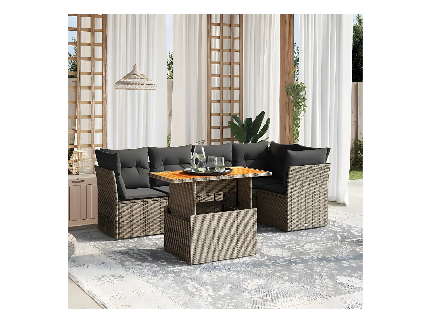Salon de jardin 5 pièces avec coussins gris résine tressée
