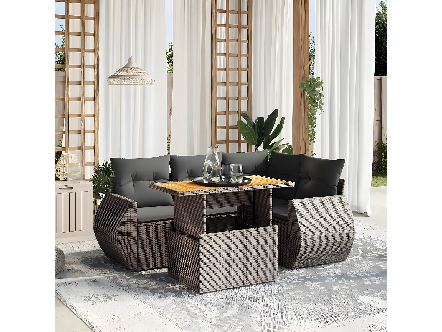 Salon de jardin 5 pièces avec coussins gris résine tressée