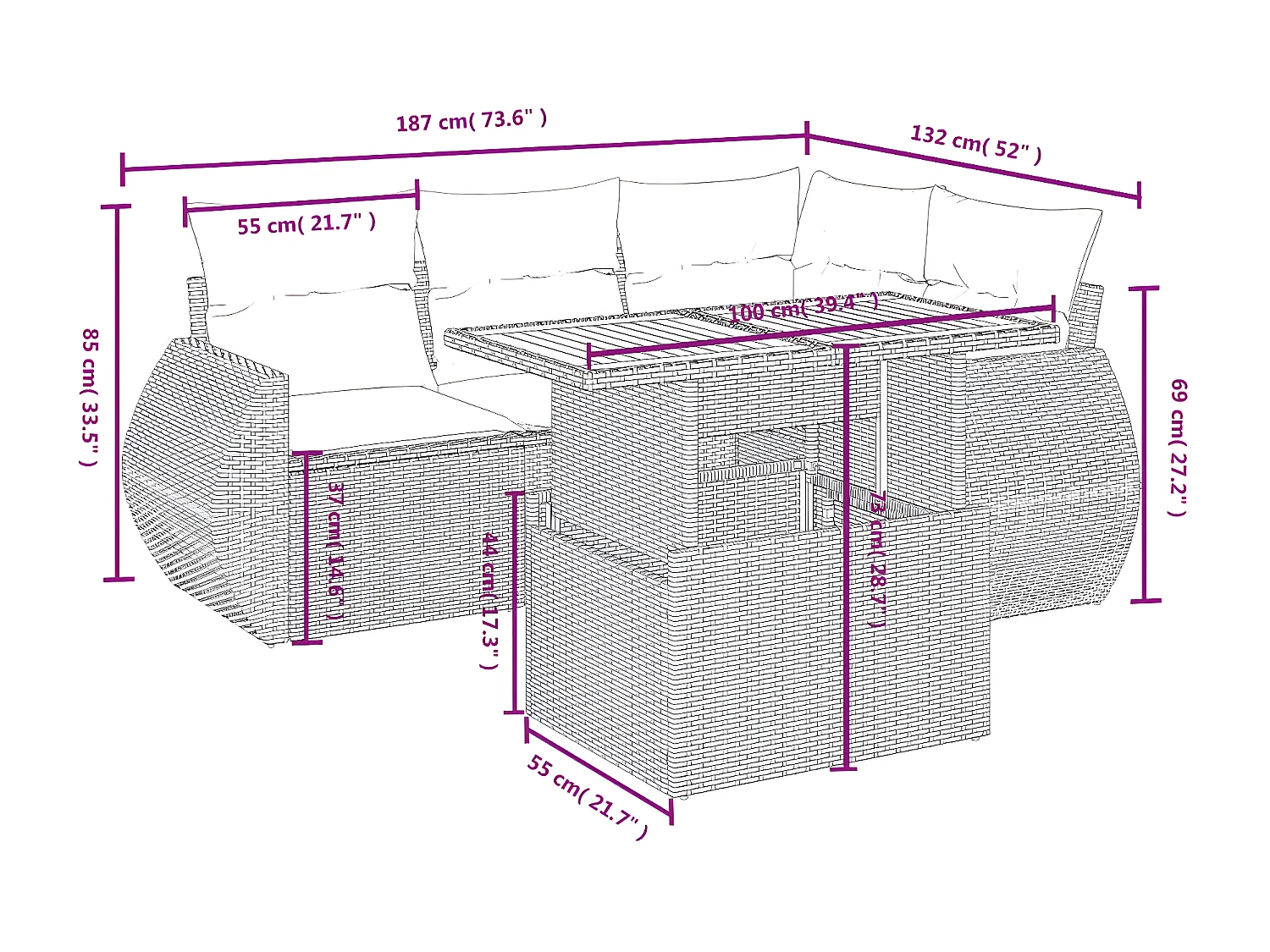 Salon de jardin 5 pièces avec coussins gris résine tressée