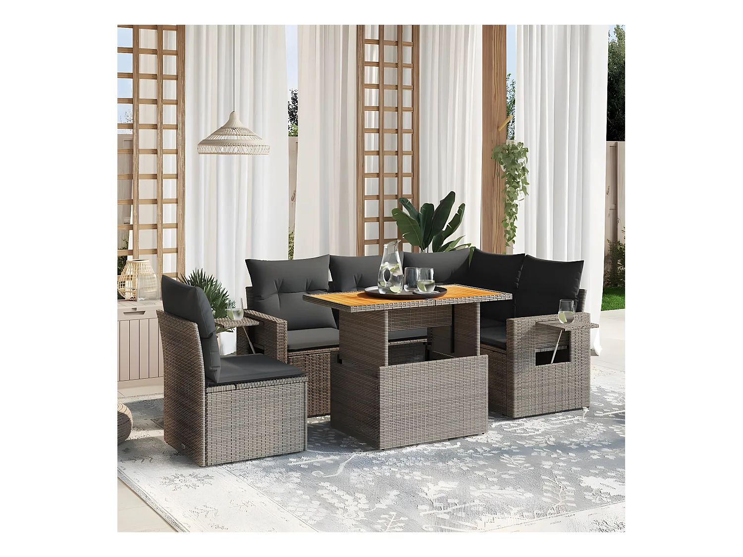Set de muebles de jardín 6 piezas y cojines ratán sintético gris