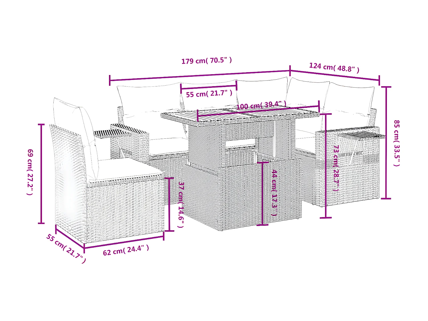 Set de muebles de jardín 6 piezas y cojines ratán sintético gris