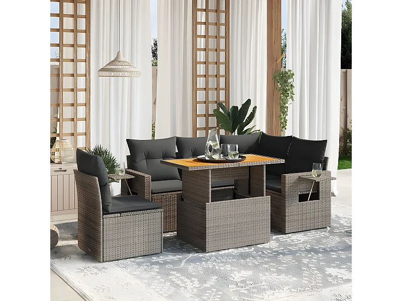 Salon de jardin 6 pièces avec coussins gris résine tressée