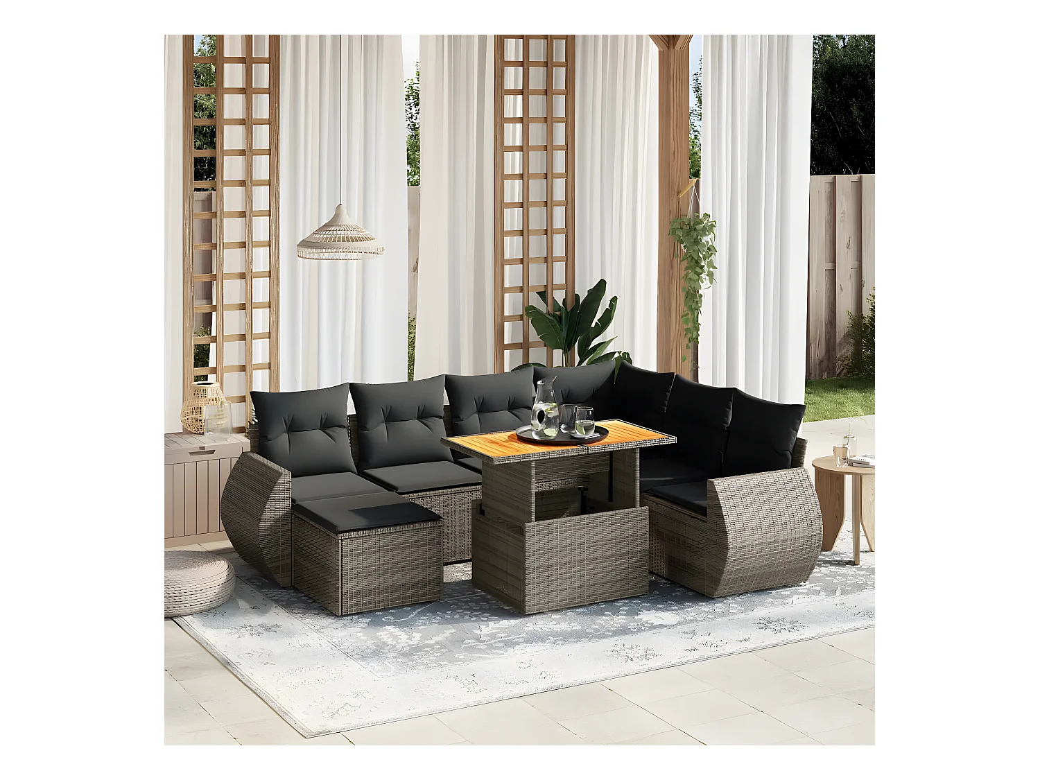 Salon de jardin 8 pièces avec coussins gris résine tressée