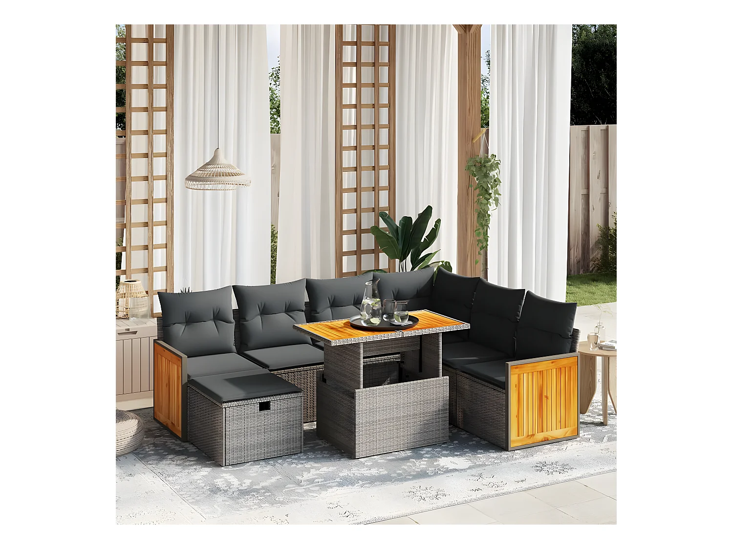Salon de jardin 8 pièces avec coussins gris résine tressée