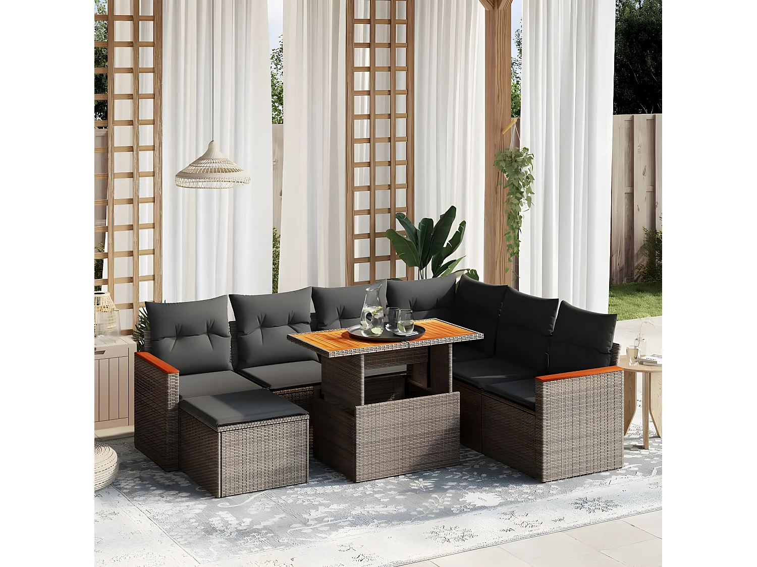 8 peças conjunto sofás de jardim c/ almofadões vime PE cinzento