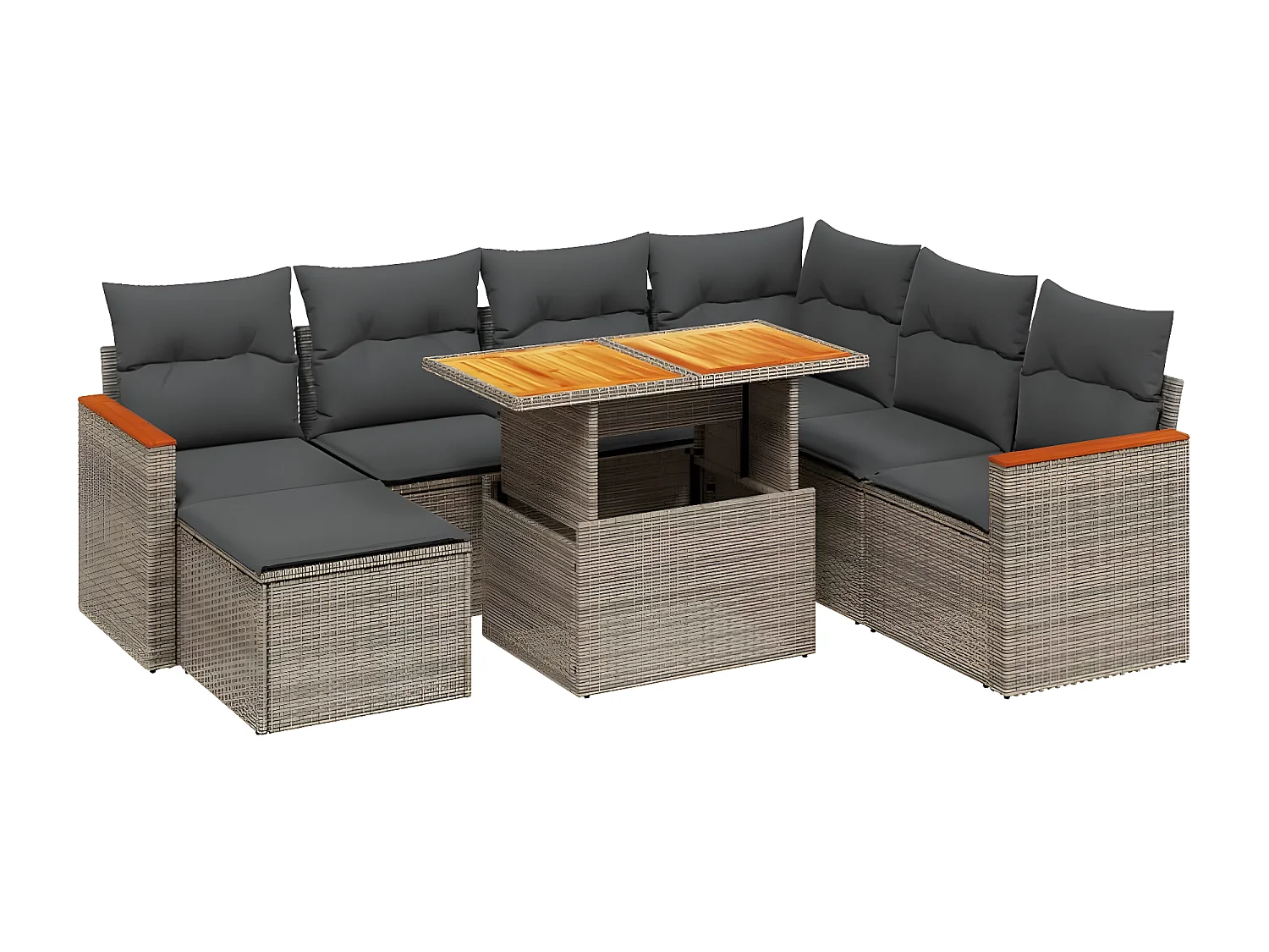 8 peças conjunto sofás de jardim c/ almofadões vime PE cinzento