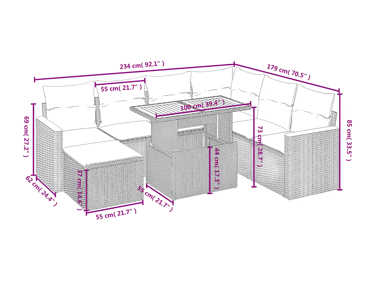 8 peças conjunto sofás de jardim c/ almofadões vime PE cinzento