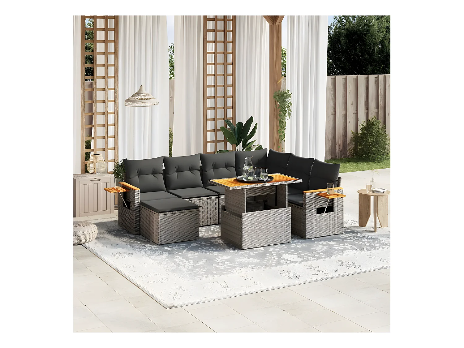 Salon de jardin 8 pièces avec coussins gris résine tressée