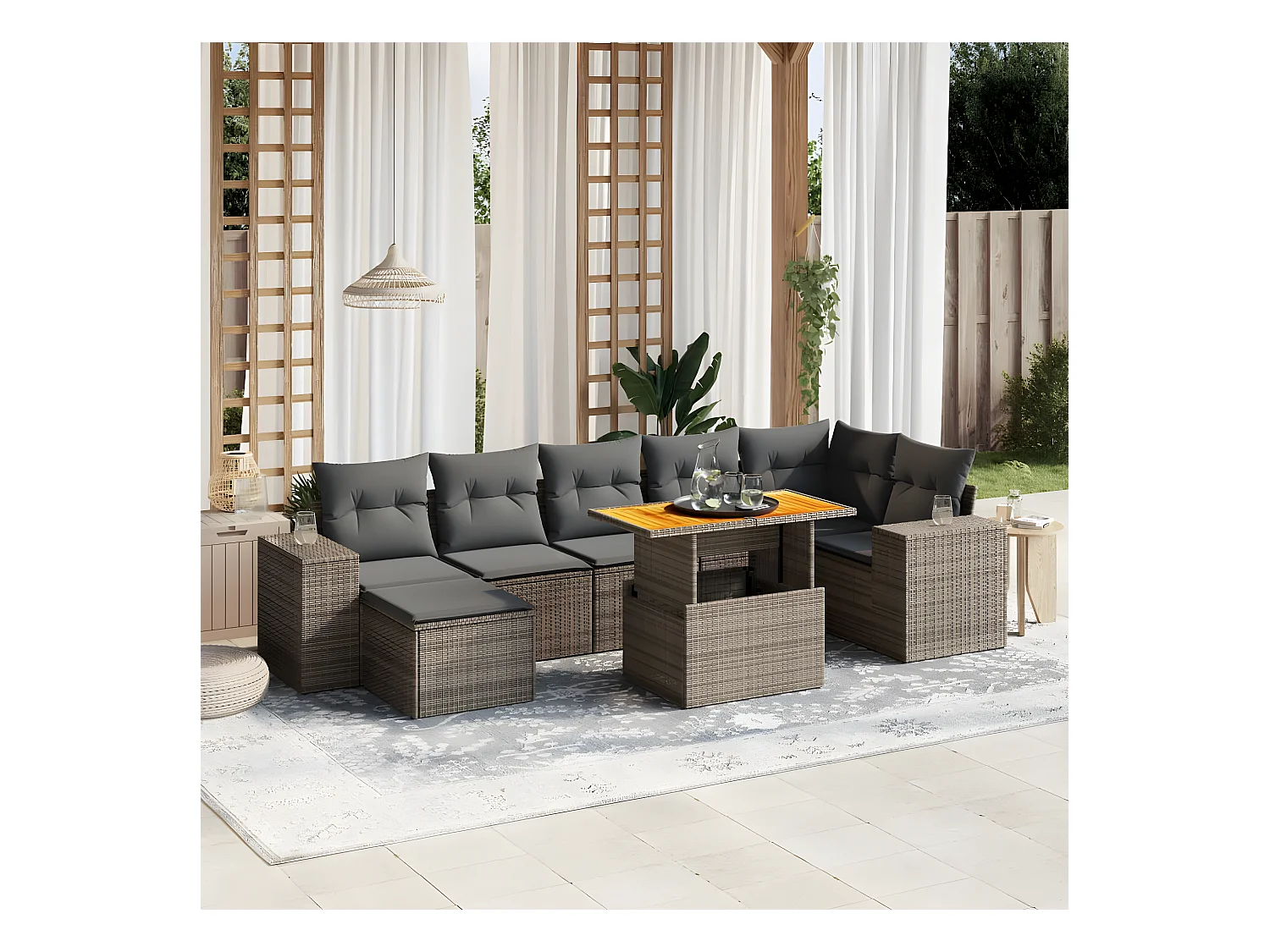 Salon de jardin 8 pièces avec coussins gris résine tressée