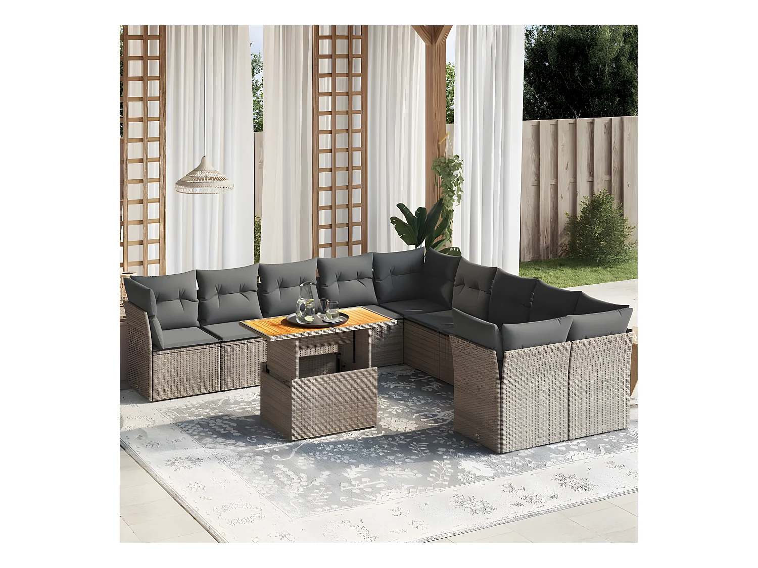 Salon de jardin 11 pièces avec coussins gris résine tressée