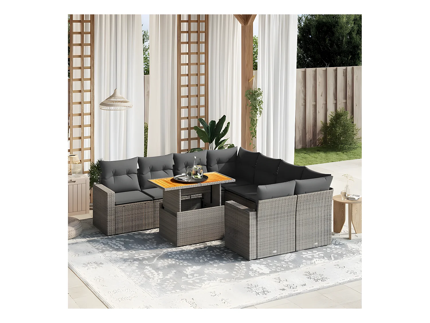 Salon de jardin 9 pièces avec coussins gris résine tressée