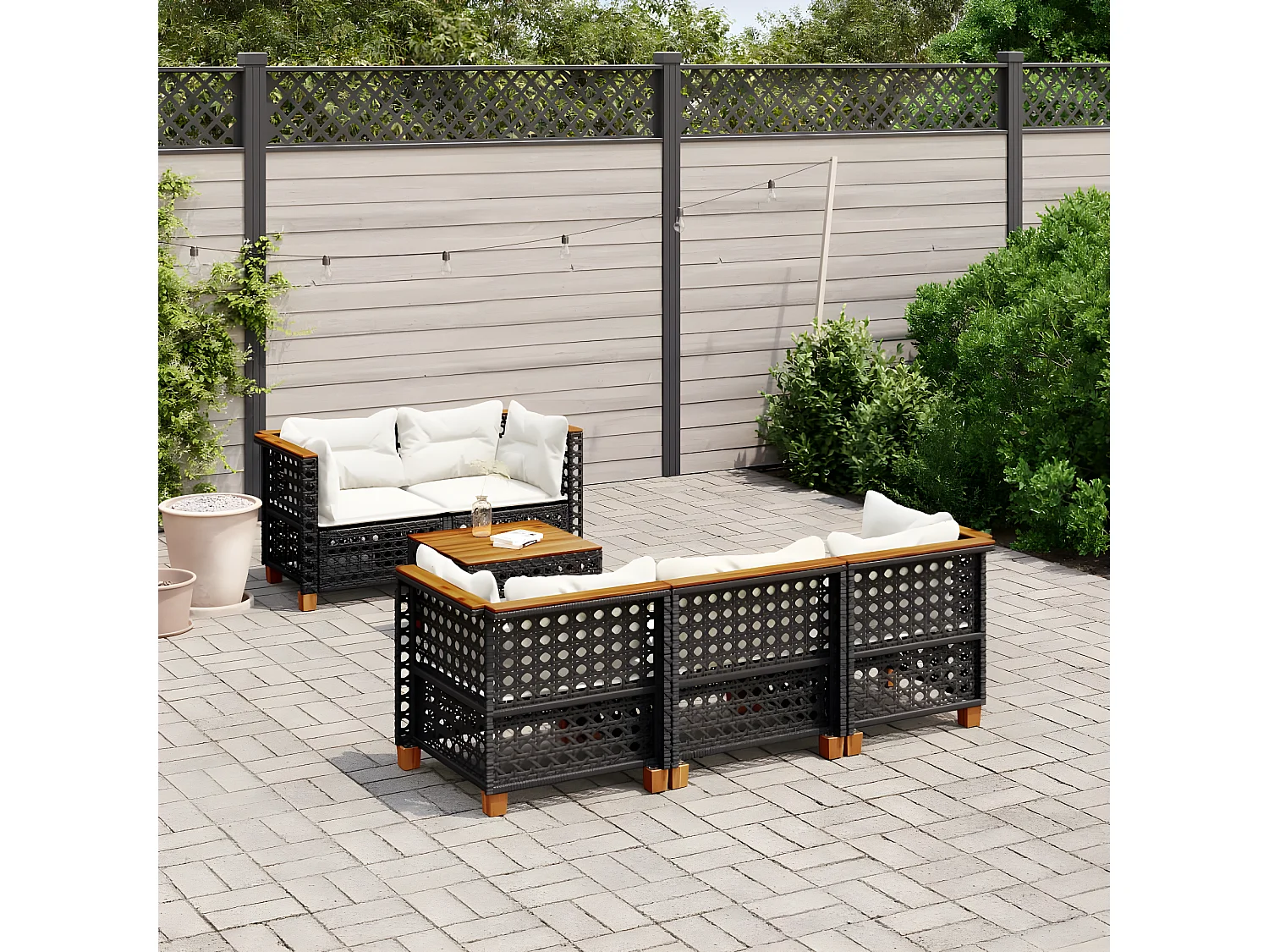 6-delige Loungeset met kussens poly rattan zwart