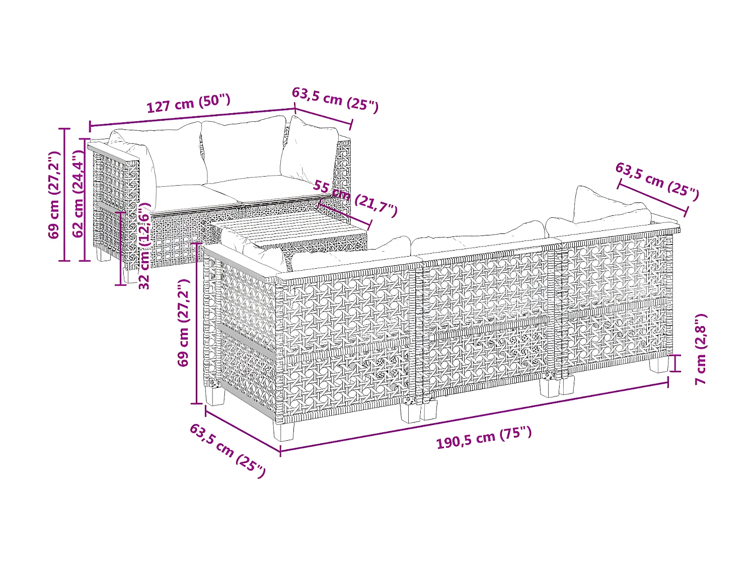 6-delige Loungeset met kussens poly rattan zwart