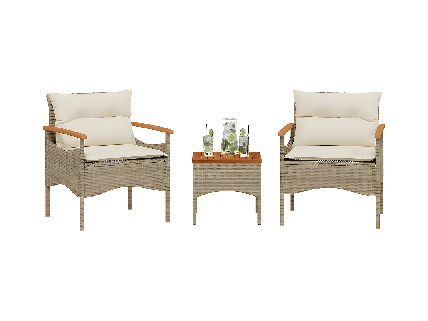 3 peças conjunto de sofás p/ jardim com almofadões vime PE bege