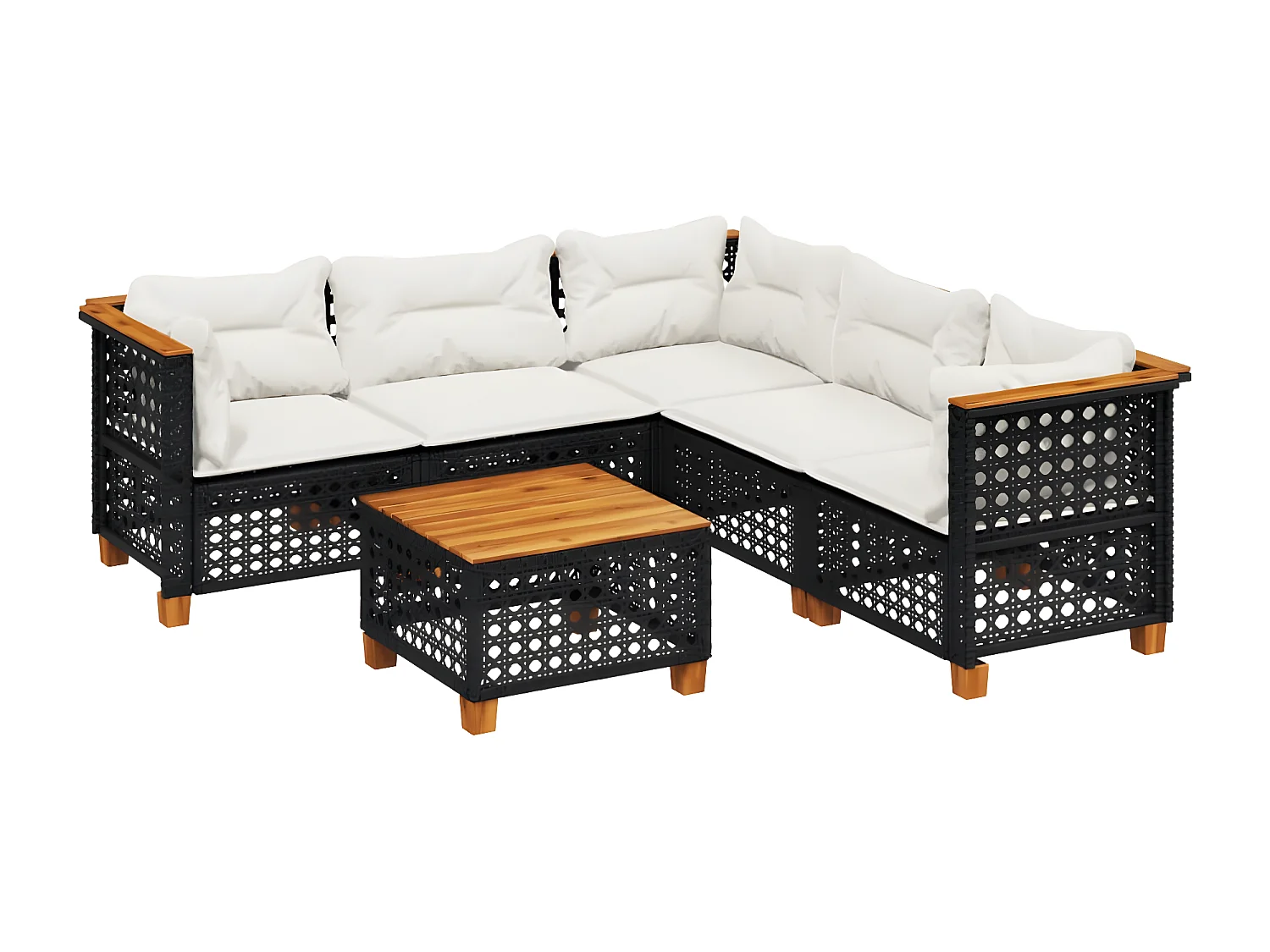 Set de sofás de jardín 6 piezas y cojines ratán sintético negro