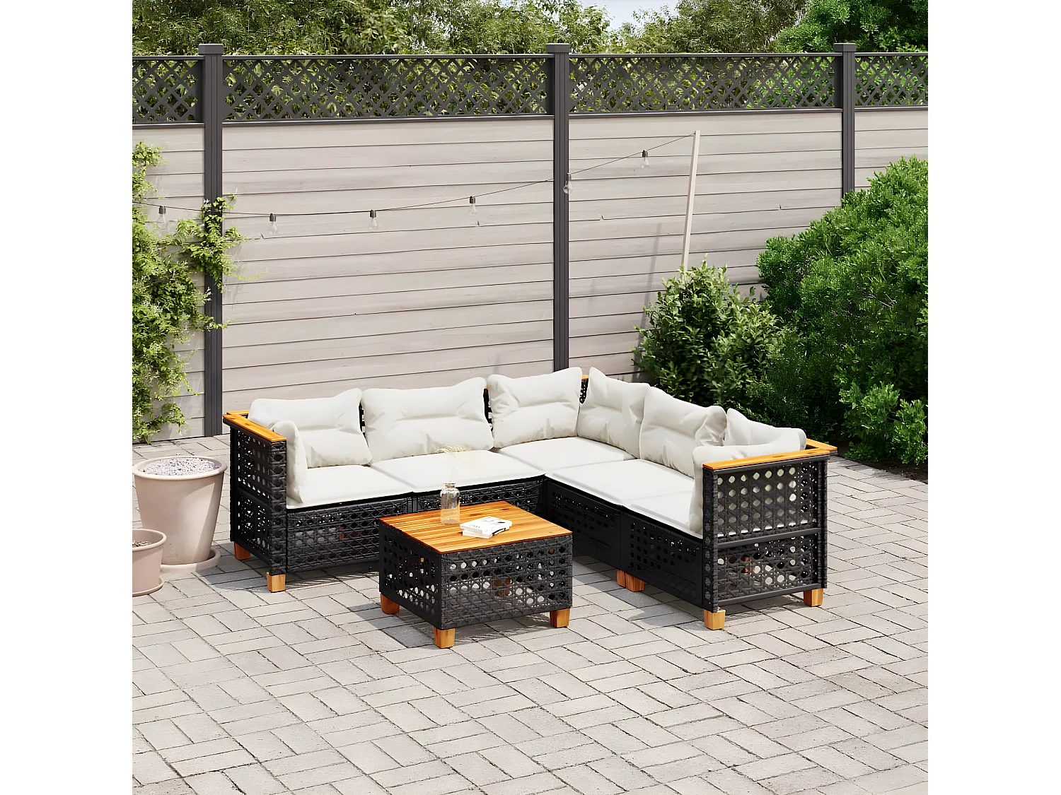 Salon de jardin 6 pièces avec coussins noir résine tressée