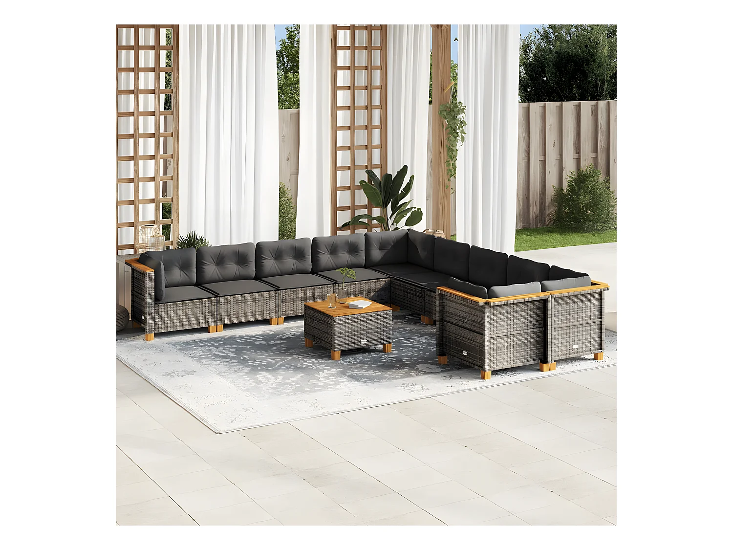 Salon de jardin 11 pièces avec coussins gris résine tressée