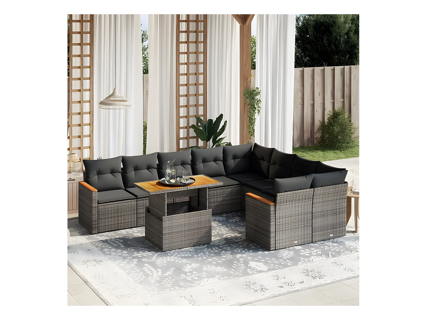 10-delige Loungeset met kussens poly rattan grijs
