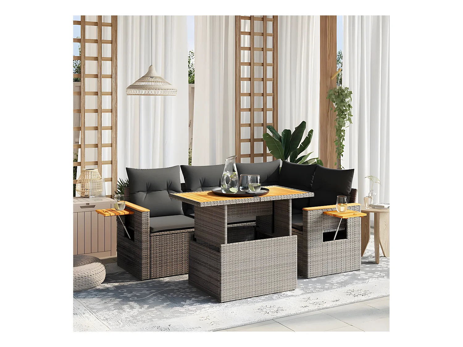 Salon de jardin 5 pièces avec coussins gris résine tressée