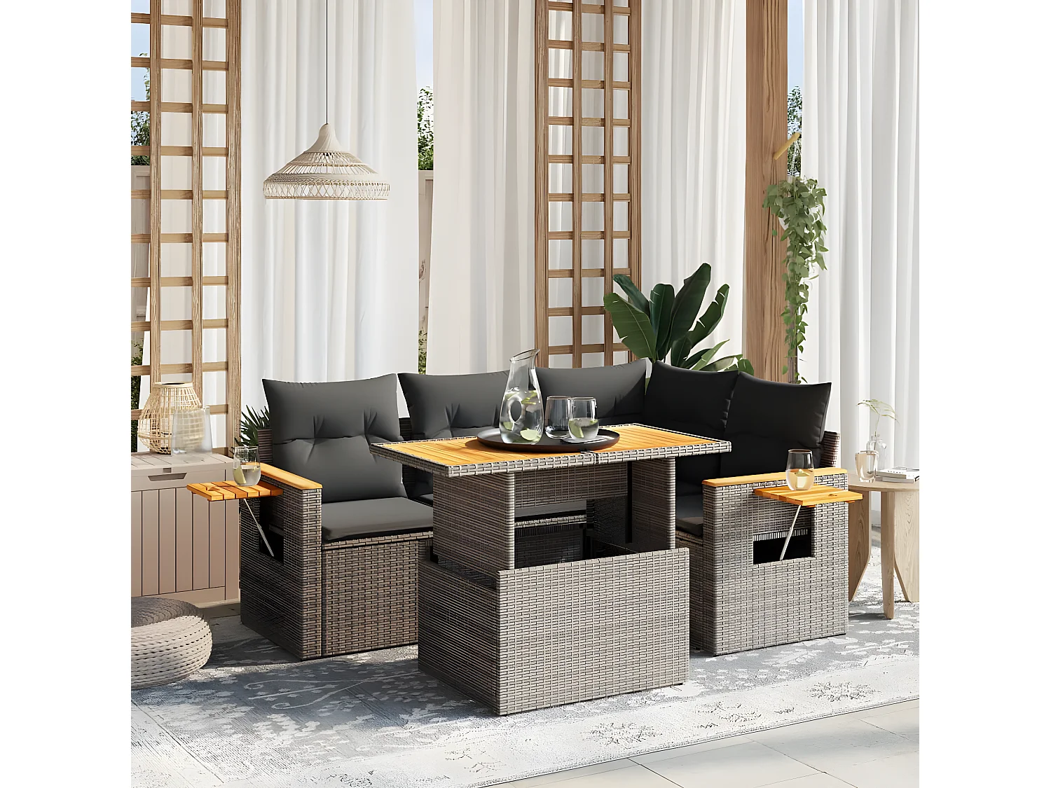 Salon de jardin 5 pièces avec coussins gris résine tressée