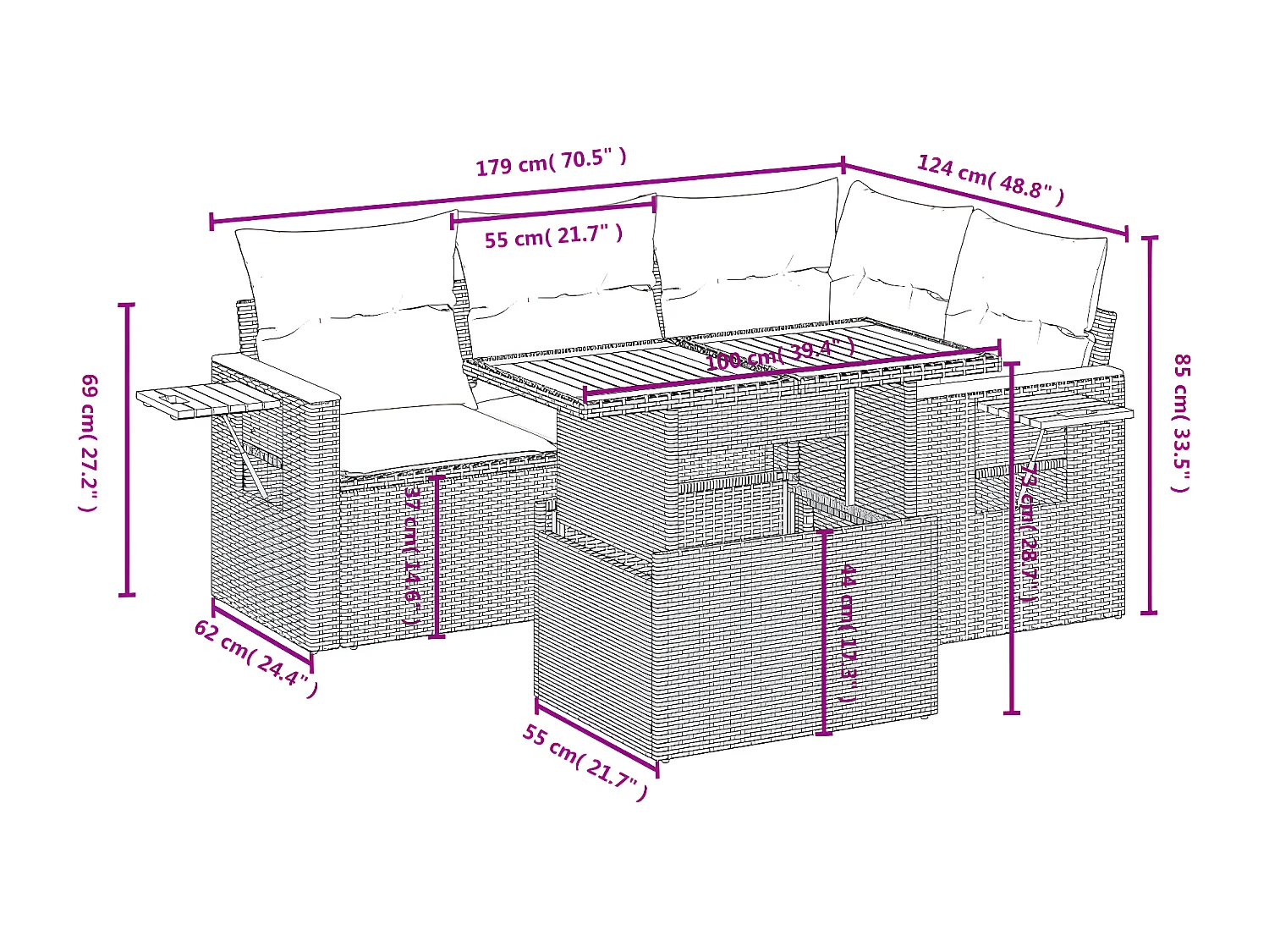 Salon de jardin 5 pièces avec coussins gris résine tressée