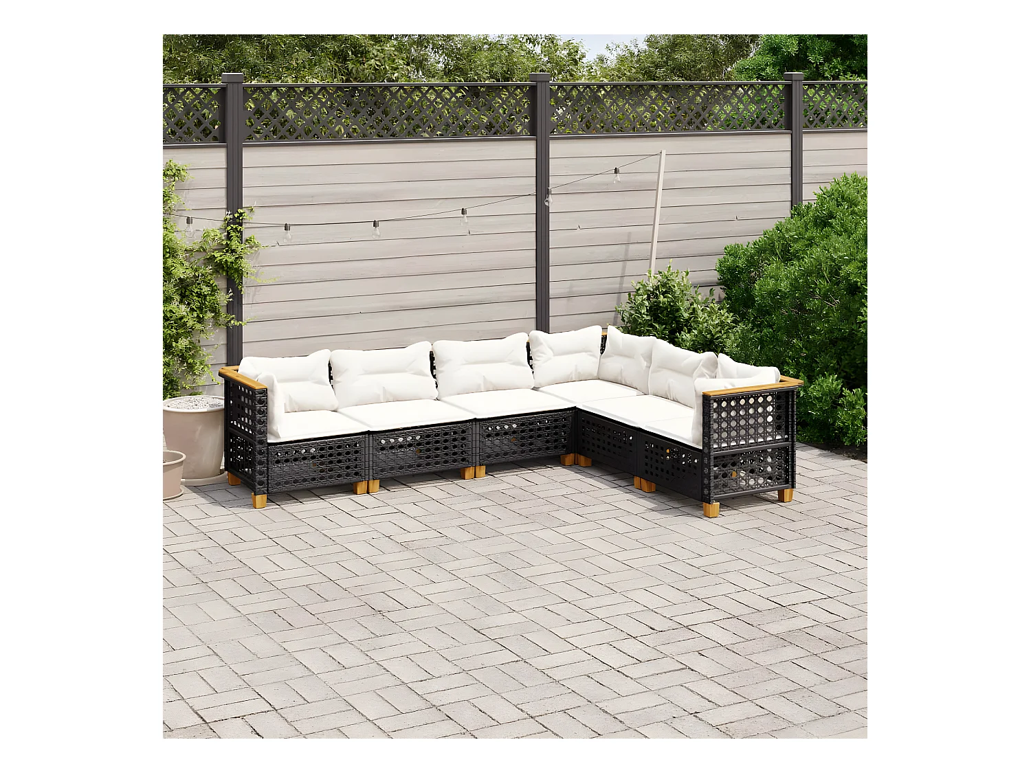 Salon de jardin 6 pièces avec coussins noir résine tressée