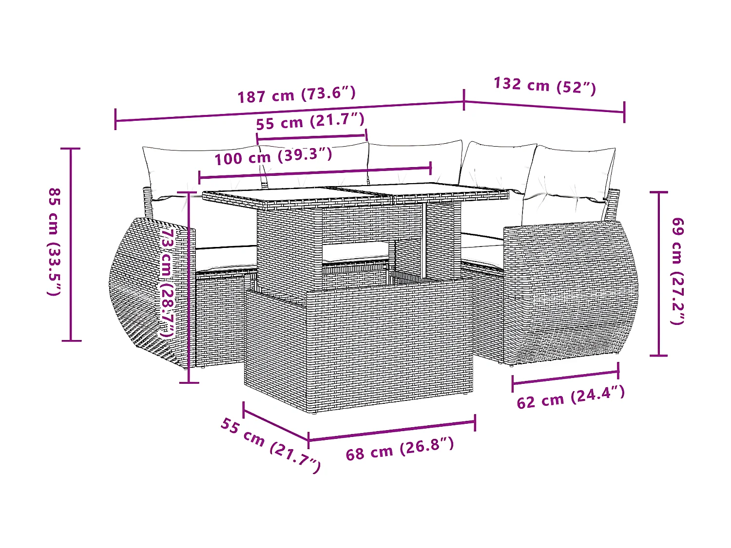 Salon de jardin 5 pièces avec coussins gris résine tressée