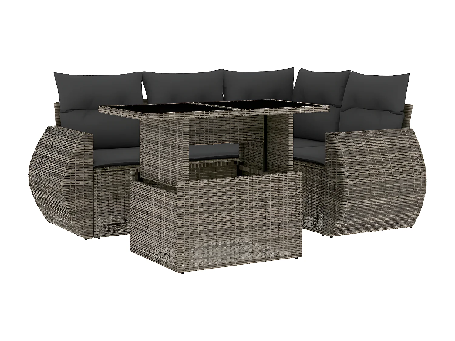 Salon de jardin 5 pièces avec coussins gris résine tressée