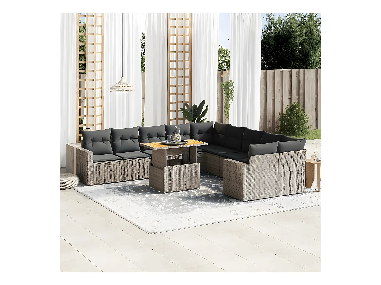 Salon de jardin 11 pièces avec coussins gris résine tressée