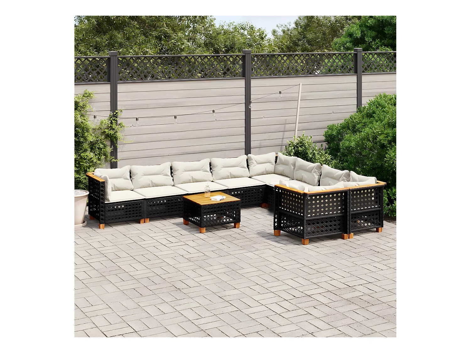 Salon de jardin 10 pièces avec coussins noir résine tressée