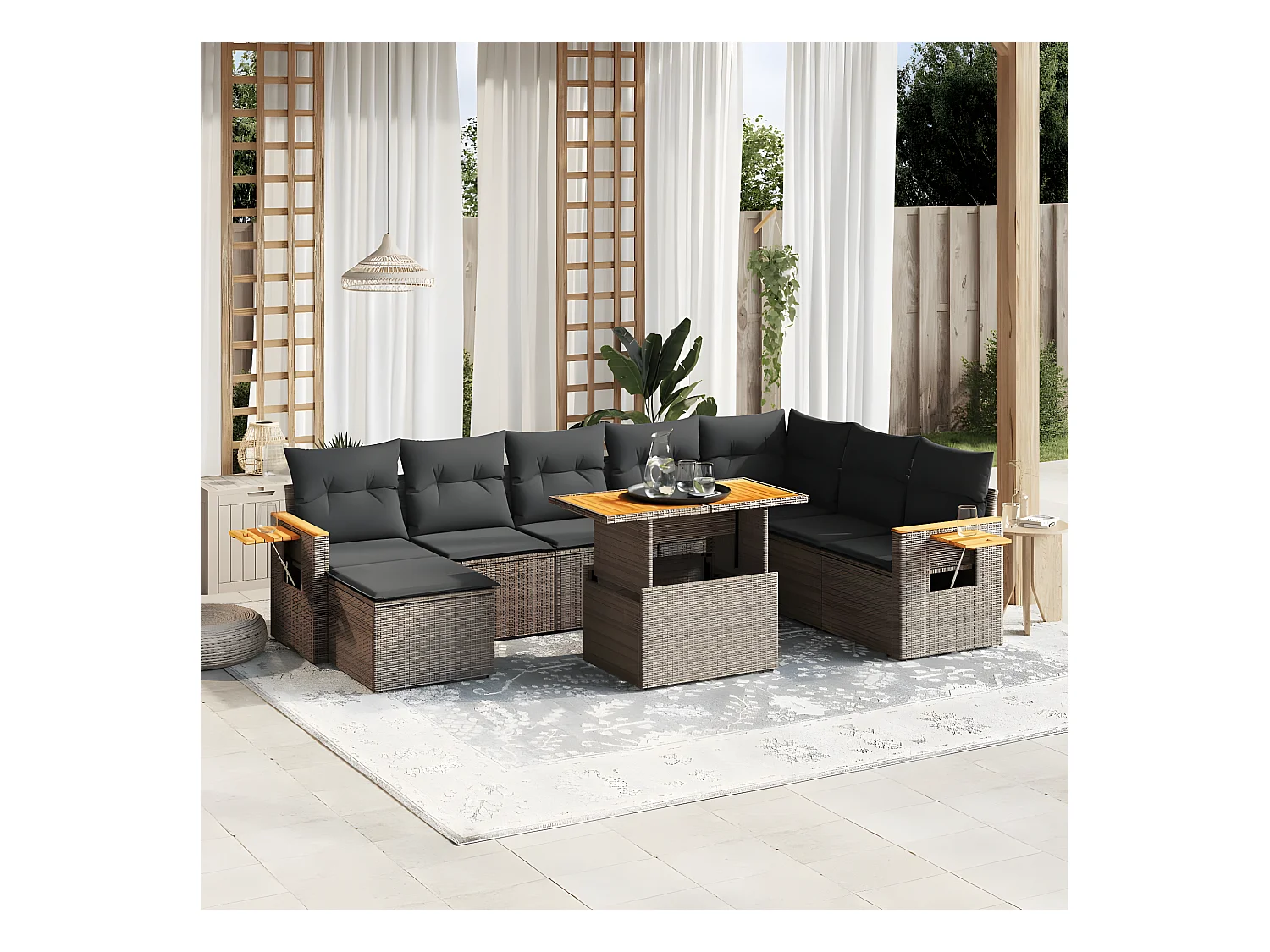 Salon de jardin 9 pièces avec coussins gris résine tressée