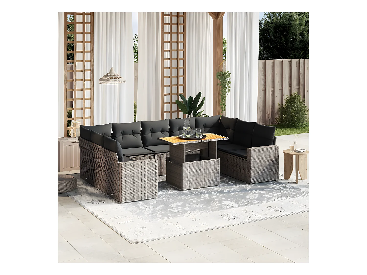 10-delige Loungeset met kussens poly rattan grijs