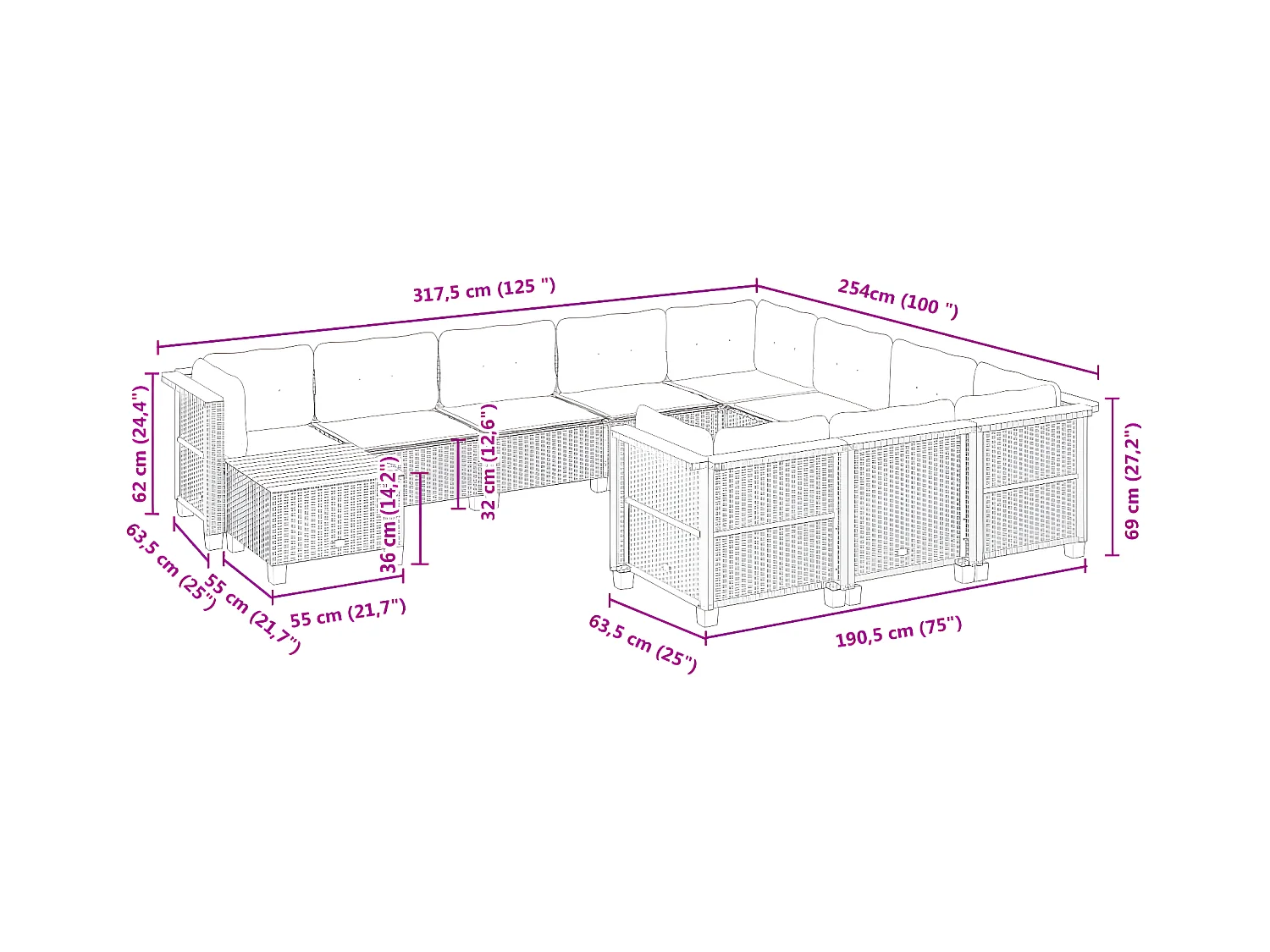 11-delige Loungeset met kussens poly rattan grijs