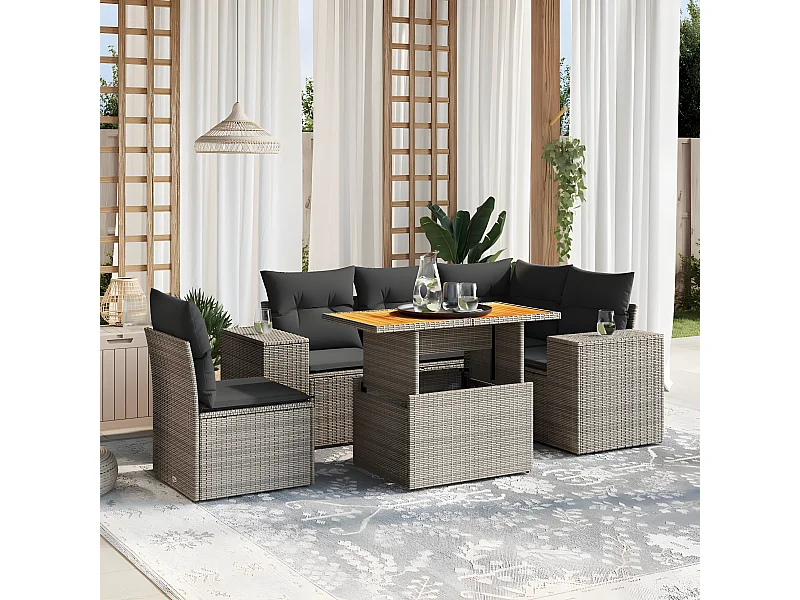 Set de muebles de jardín 6 piezas y cojines ratán sintético gris