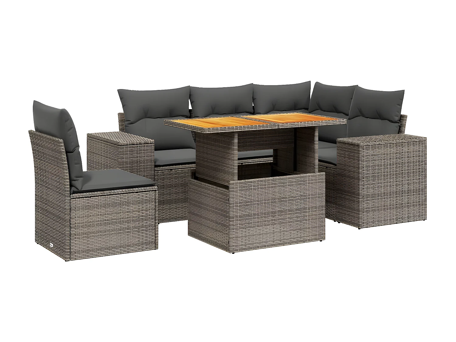 Set de muebles de jardín 6 piezas y cojines ratán sintético gris