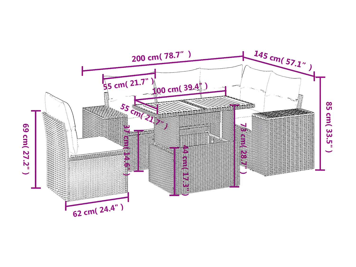 Set de muebles de jardín 6 piezas y cojines ratán sintético gris