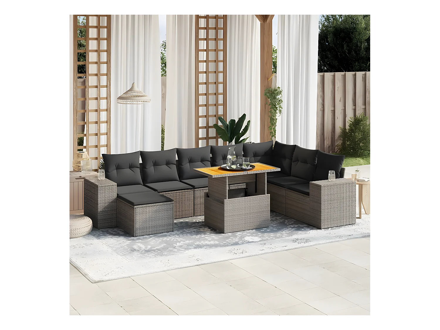 Salon de jardin 9 pièces avec coussins gris résine tressée