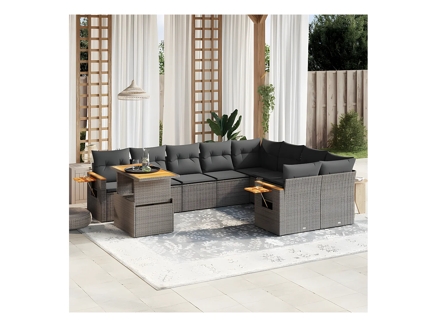 10 peças conjunto sofás de jardim c/ almofadões vime PE cinzento
