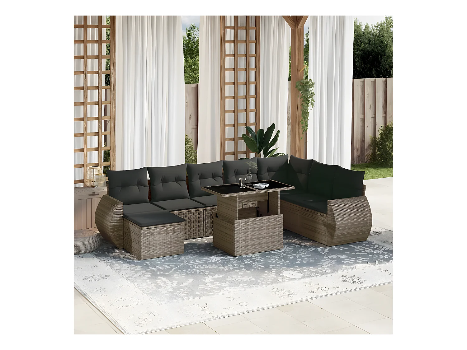 Set de muebles de jardín 9 piezas y cojines ratán sintético gris