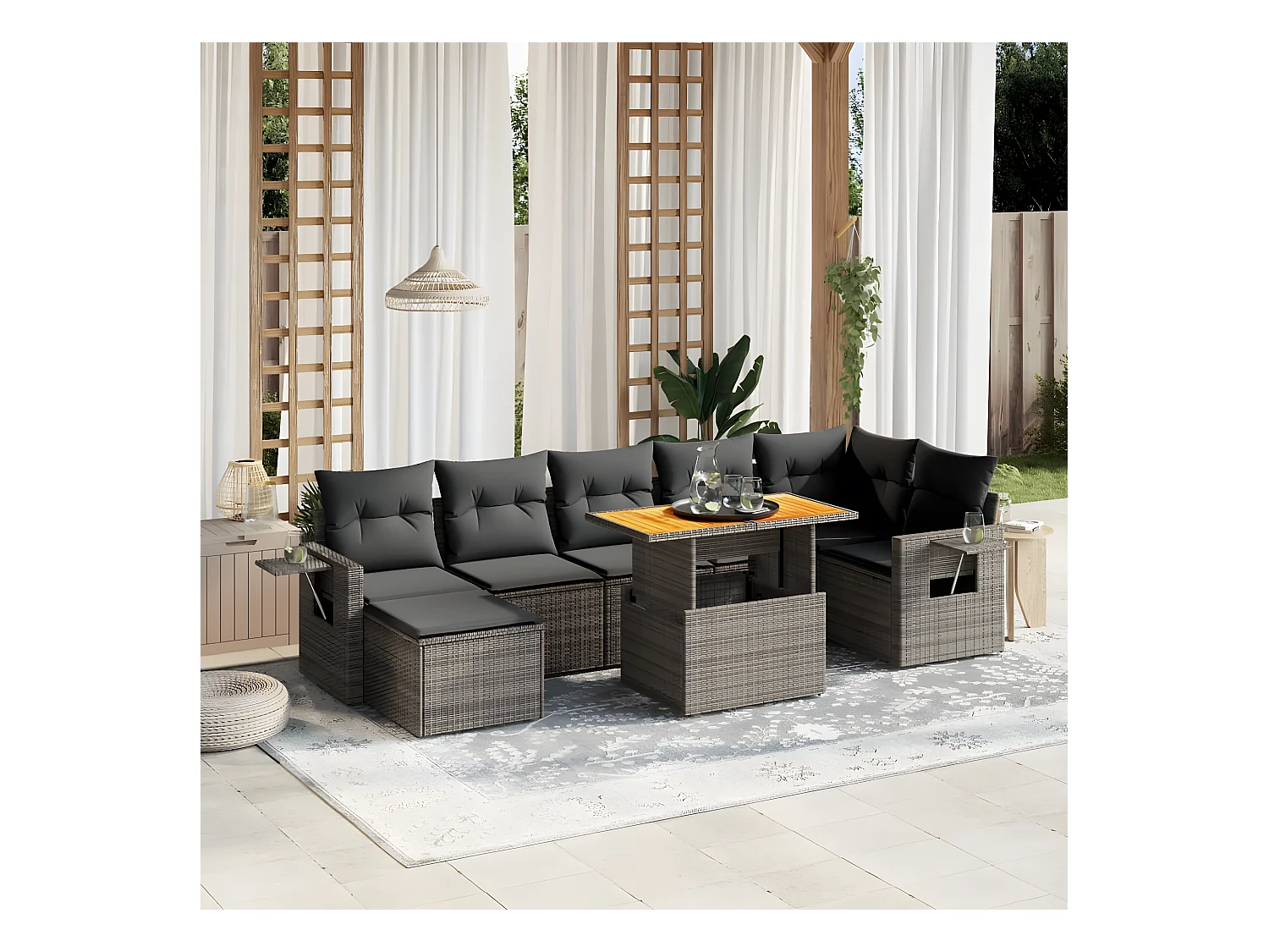 8 peças conjunto sofás de jardim c/ almofadões vime PE cinzento