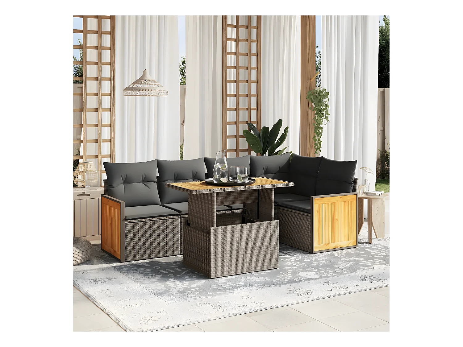Salon de jardin avec coussins 6 pièces beige résine tressée
