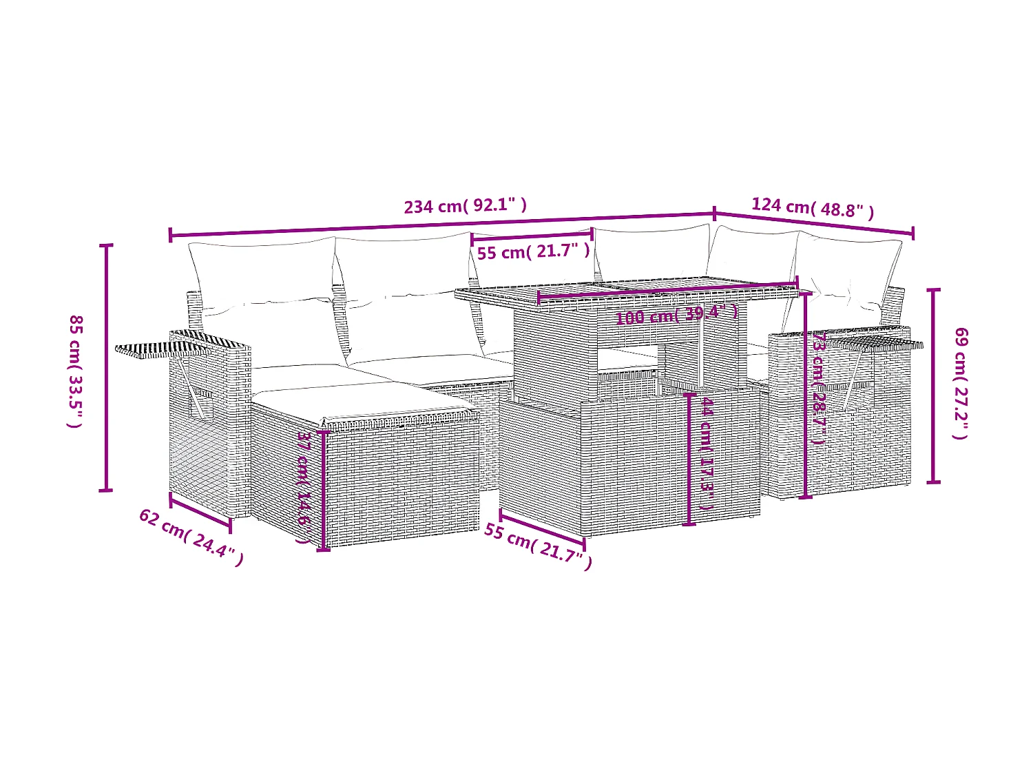 Set de sofás de jardín 7 piezas con cojines ratán PE gris