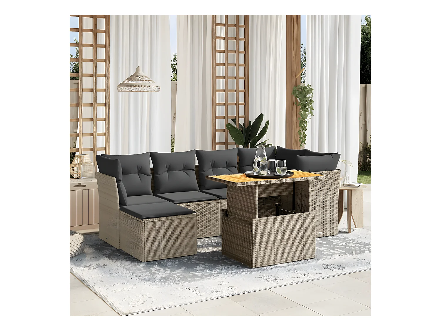 Salon de jardin avec coussins 7 pièces gris résine tressée