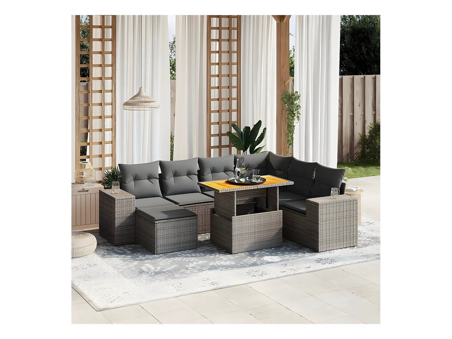 Salon de jardin 8 pièces avec coussins gris résine tressée