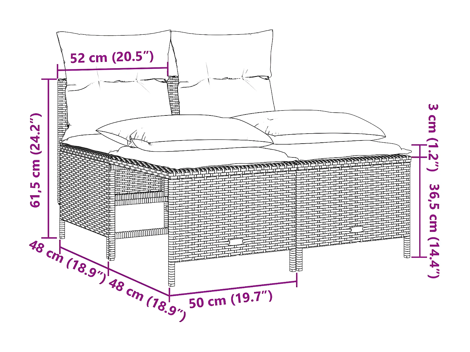 4 peças conjunto sofás de jardim c/ almofadões vime PE cinzento