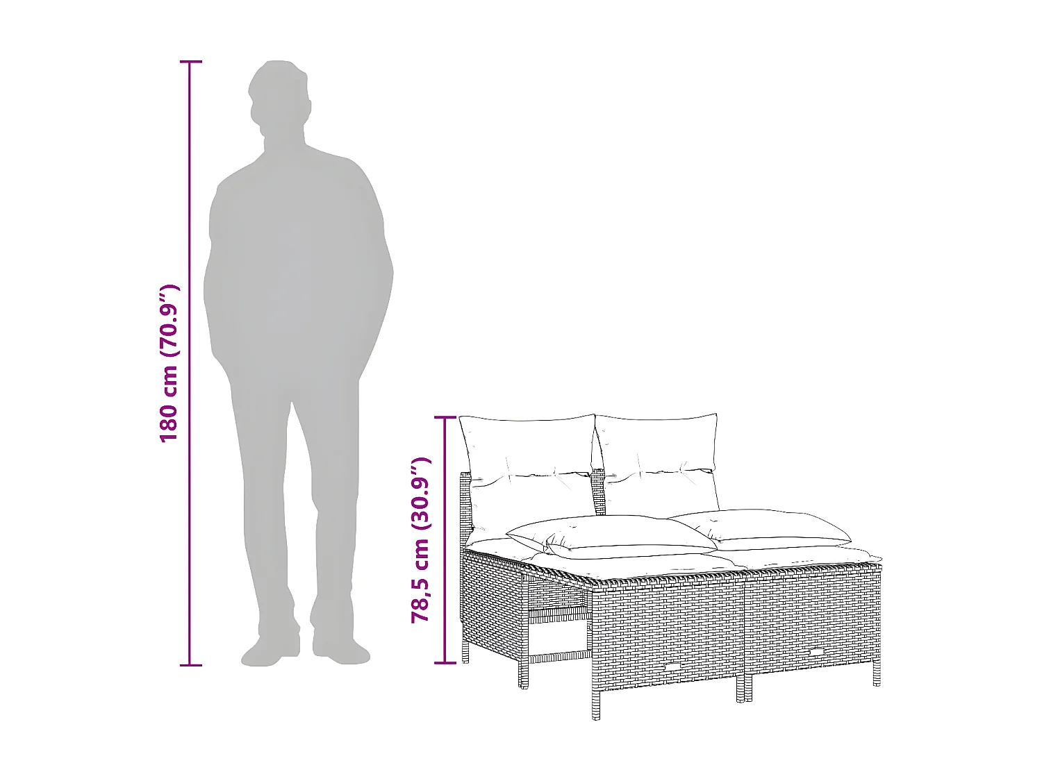 4 peças conjunto sofás de jardim c/ almofadões vime PE cinzento