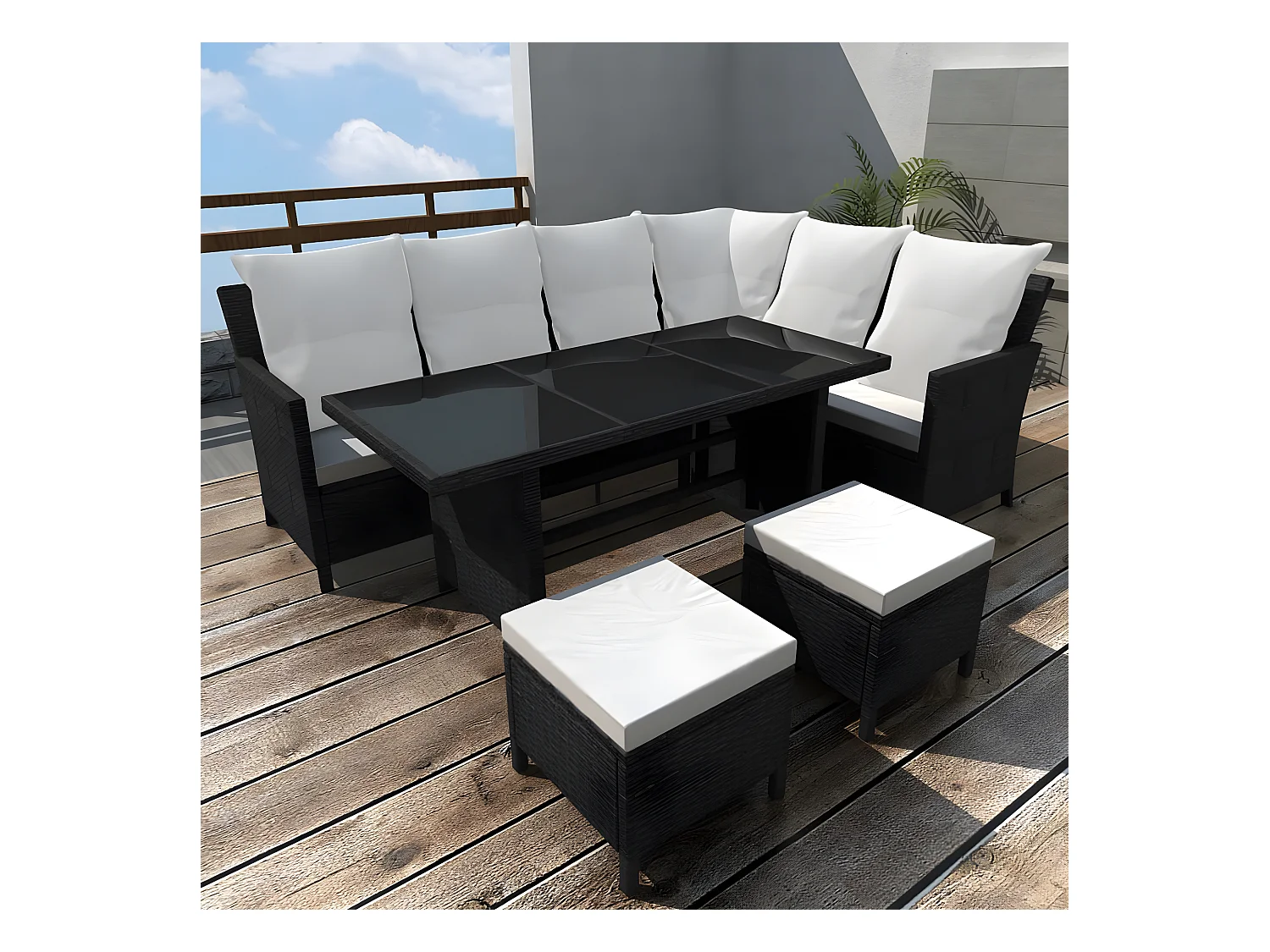 Salon de jardin 4 pièces avec coussins Résine tressée Noir